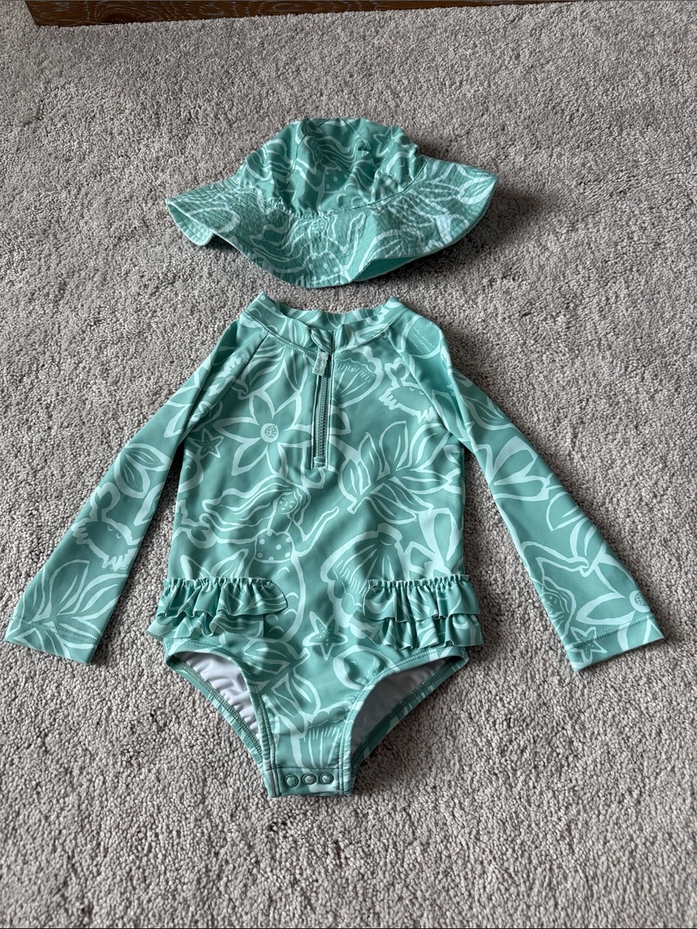 Carter's Mint Green Floral One-Piece Rash Guard Swimsuit with Hat